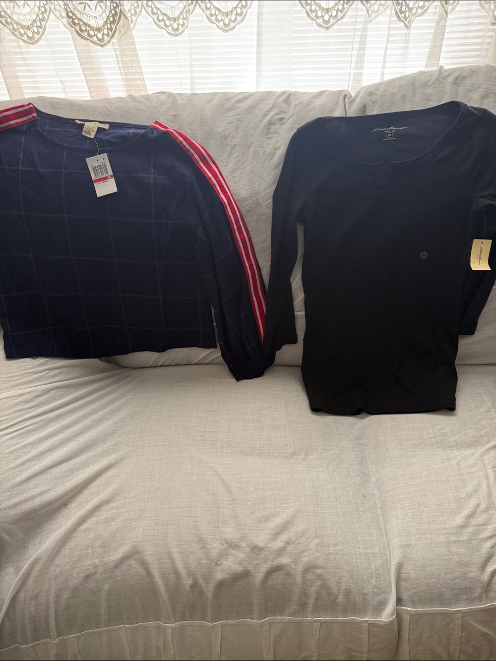 Lot of 2 Tops (1) seven sisters in Navy with Red Stripes & (1) Eddie Bauer Black